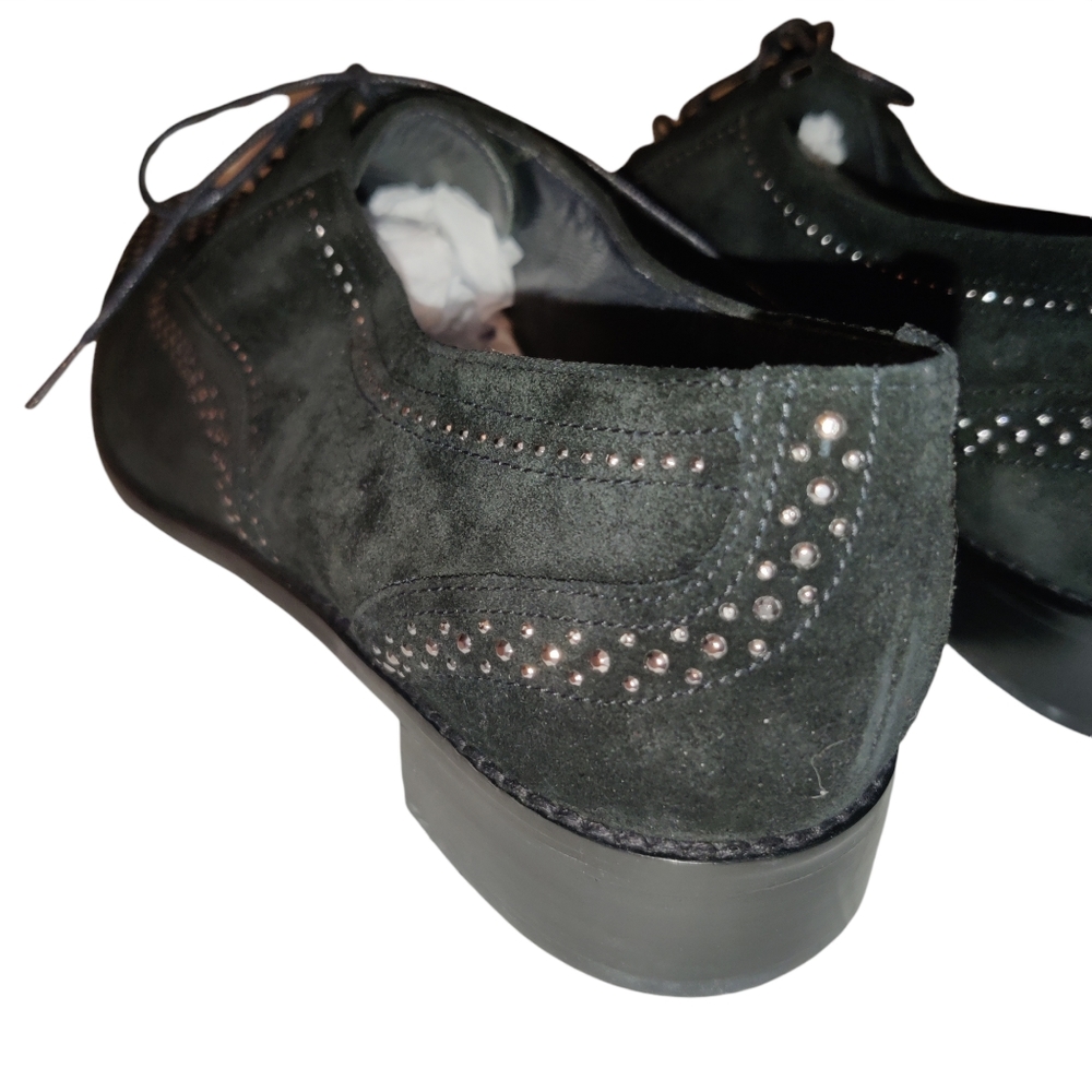 Stuart Weitzman Leather Suede Lace Up Studded Heeled Oxford Loafers - Picture 8 of 16